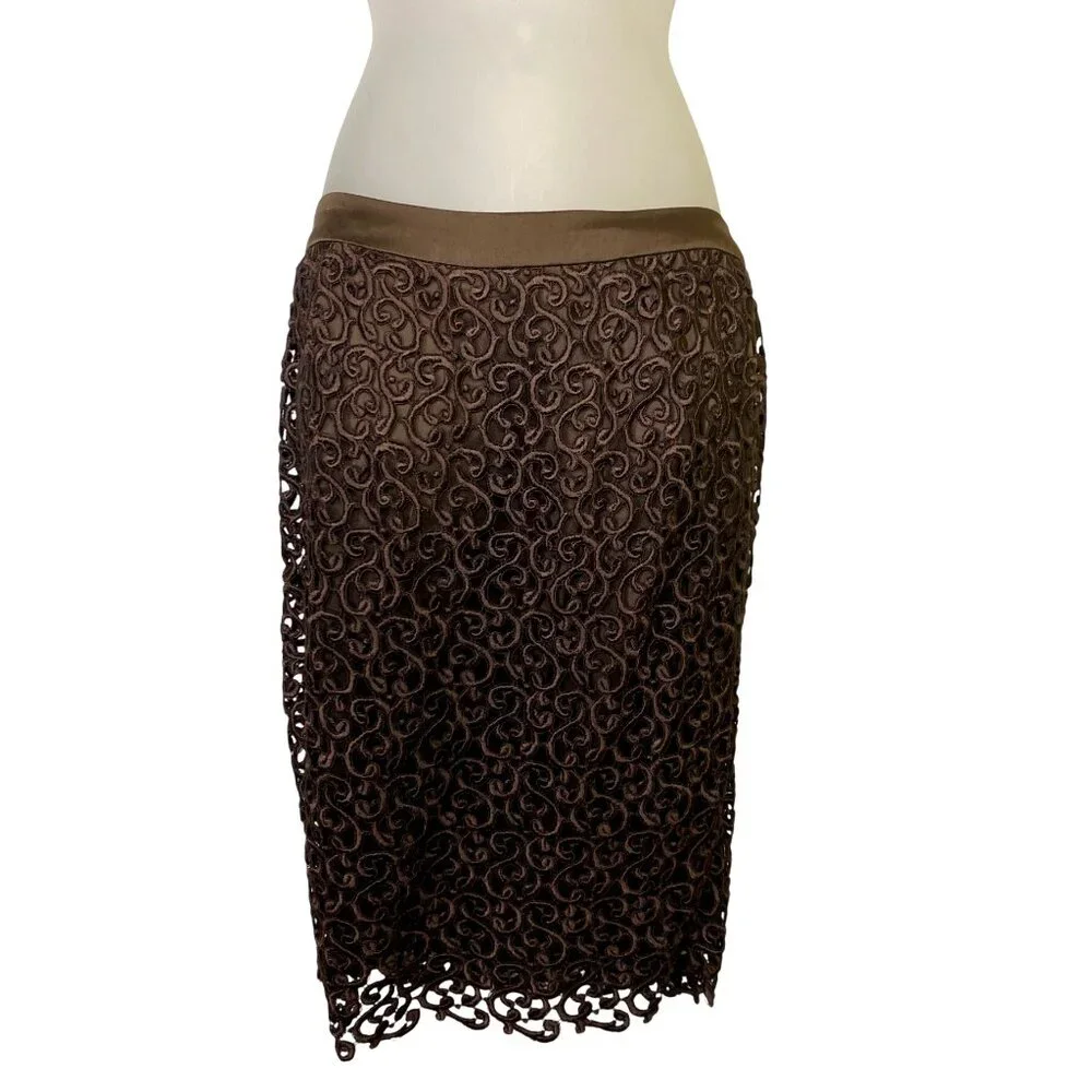 Vintage Brown Lace Skirt  Jacket Suit Set Rhinestone Buttons Small Pinup Classic